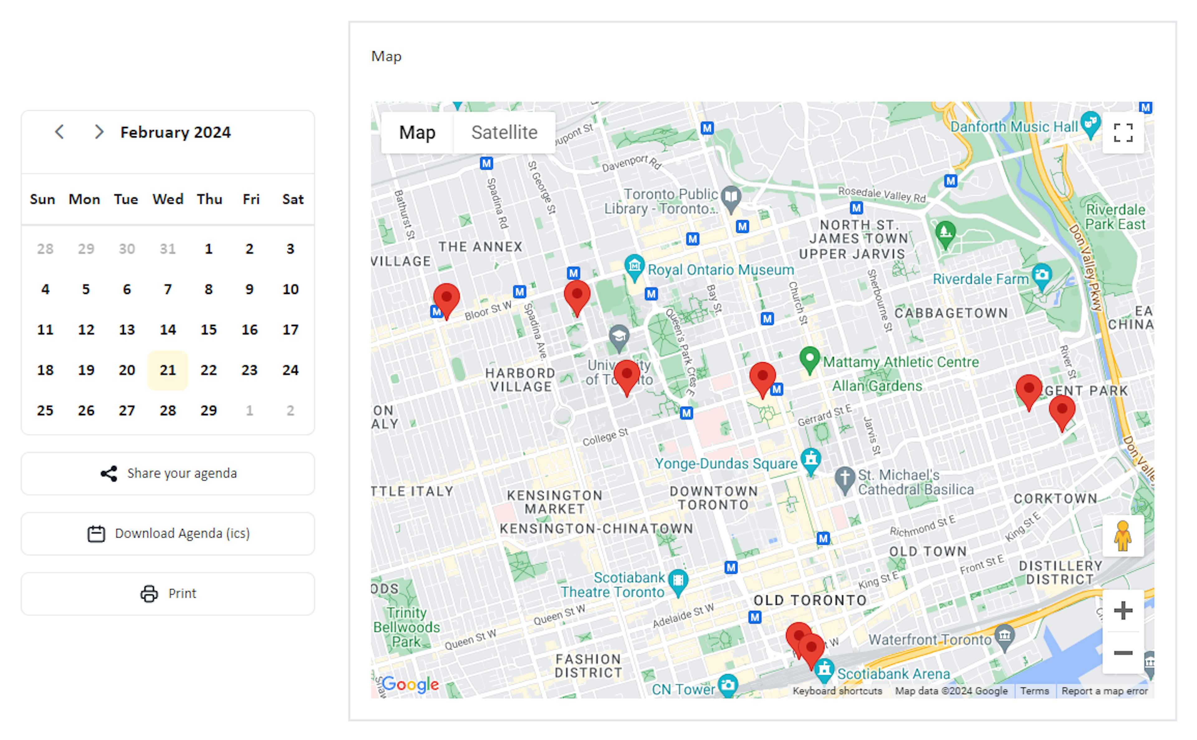 Screenshot of a dayout.io schedule calendar with a map showing the location of selected events.