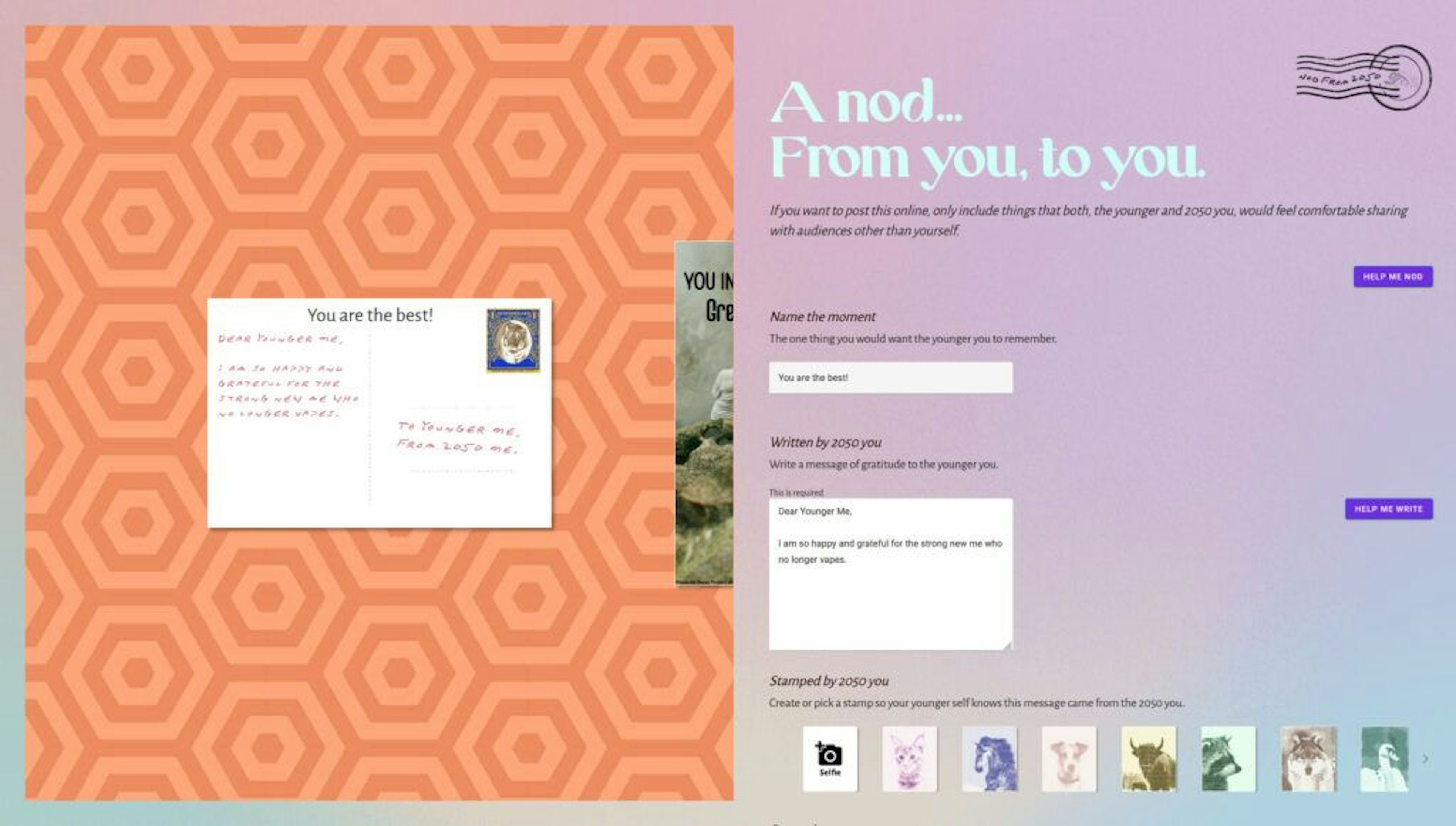 A screenshot of the card design page. A postcard back is displayed on the left side of the page. A set of form fields are displayed on the right side that control the message.