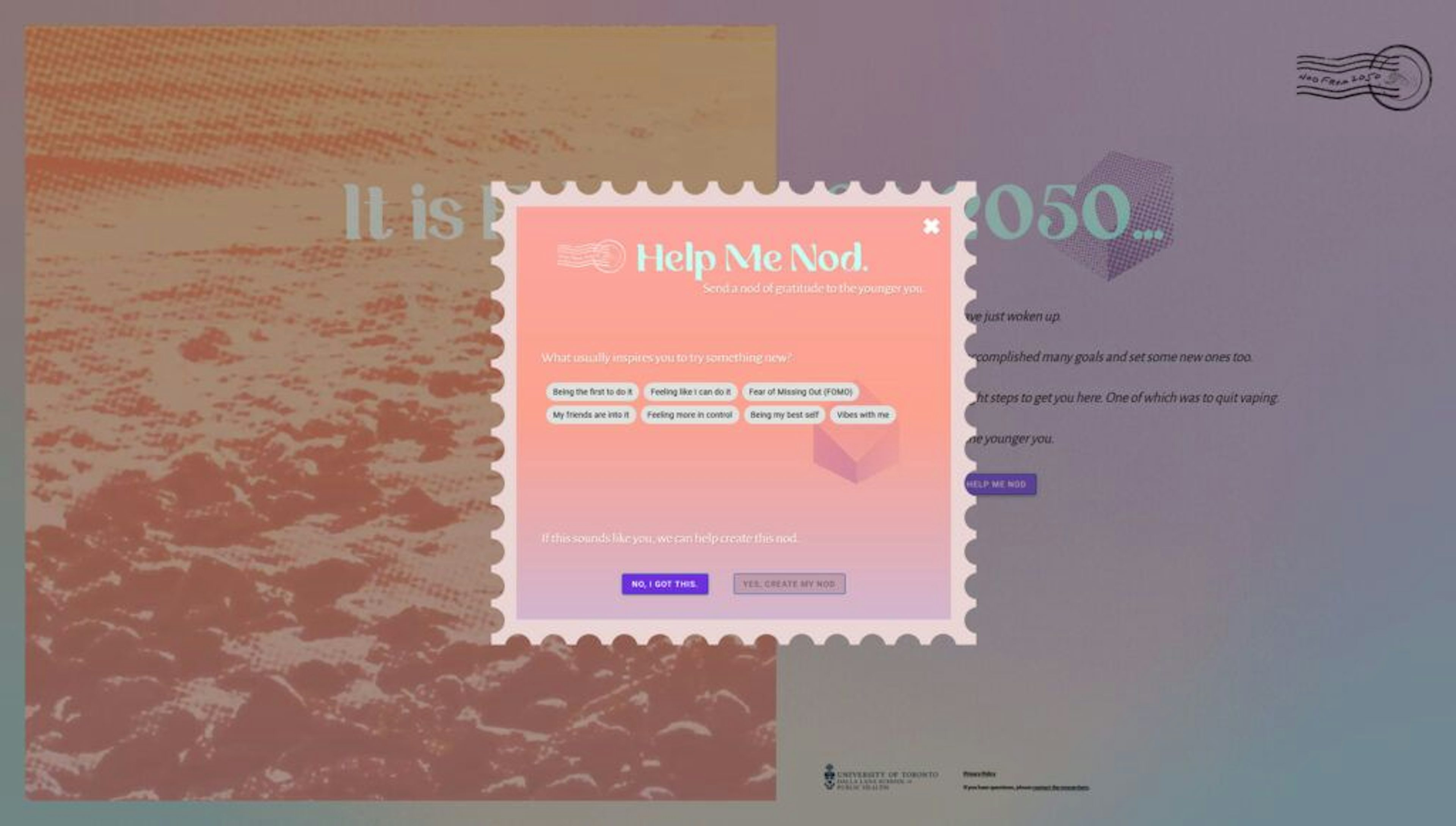 A screenshot of the  "Help me Nod" dialogue box displayed on the site.