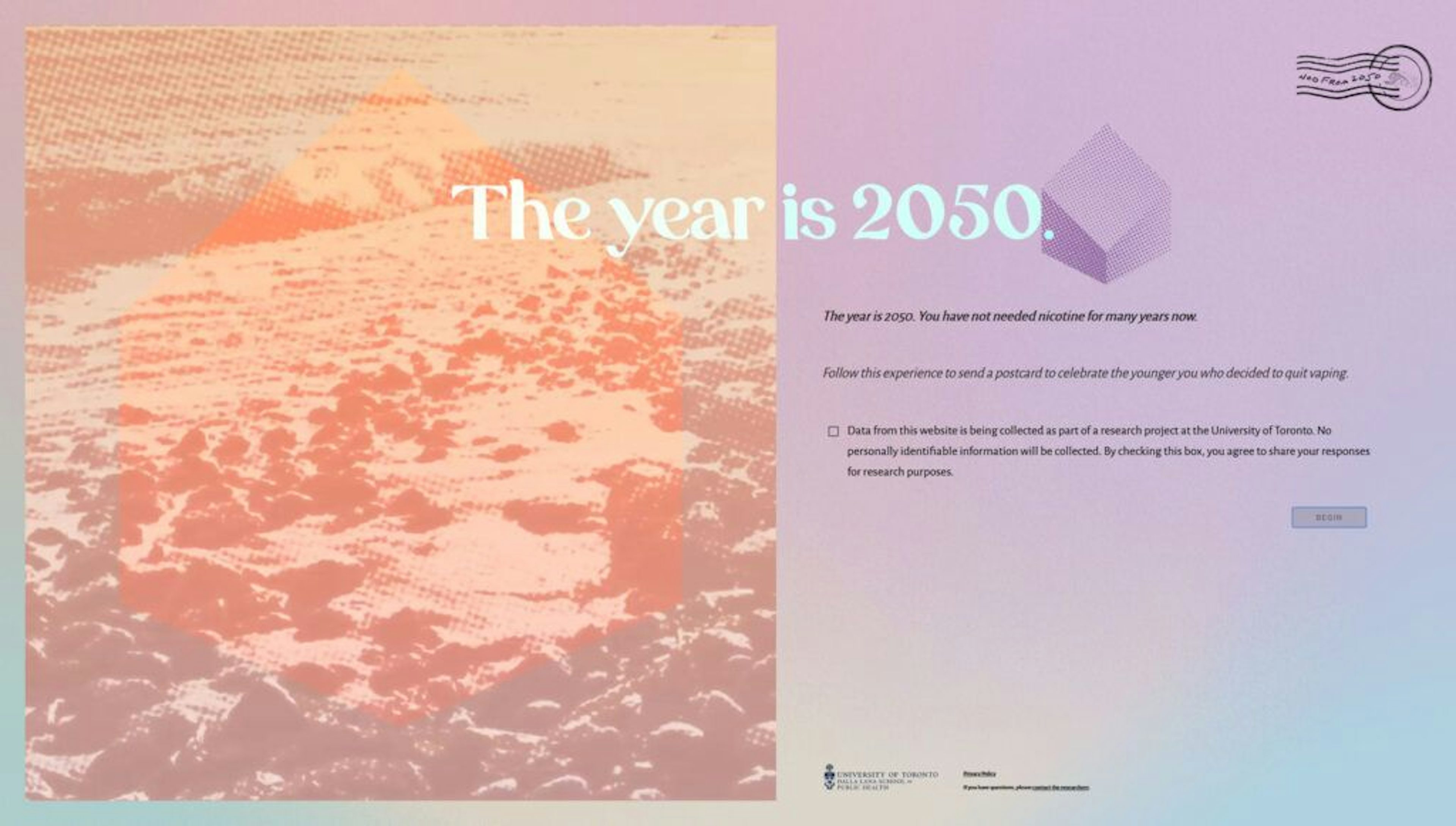 A screenshot of the Nod from 2050 homepage. Introductory text is displayed on the left and a video of crashing waves is displayed on the right.