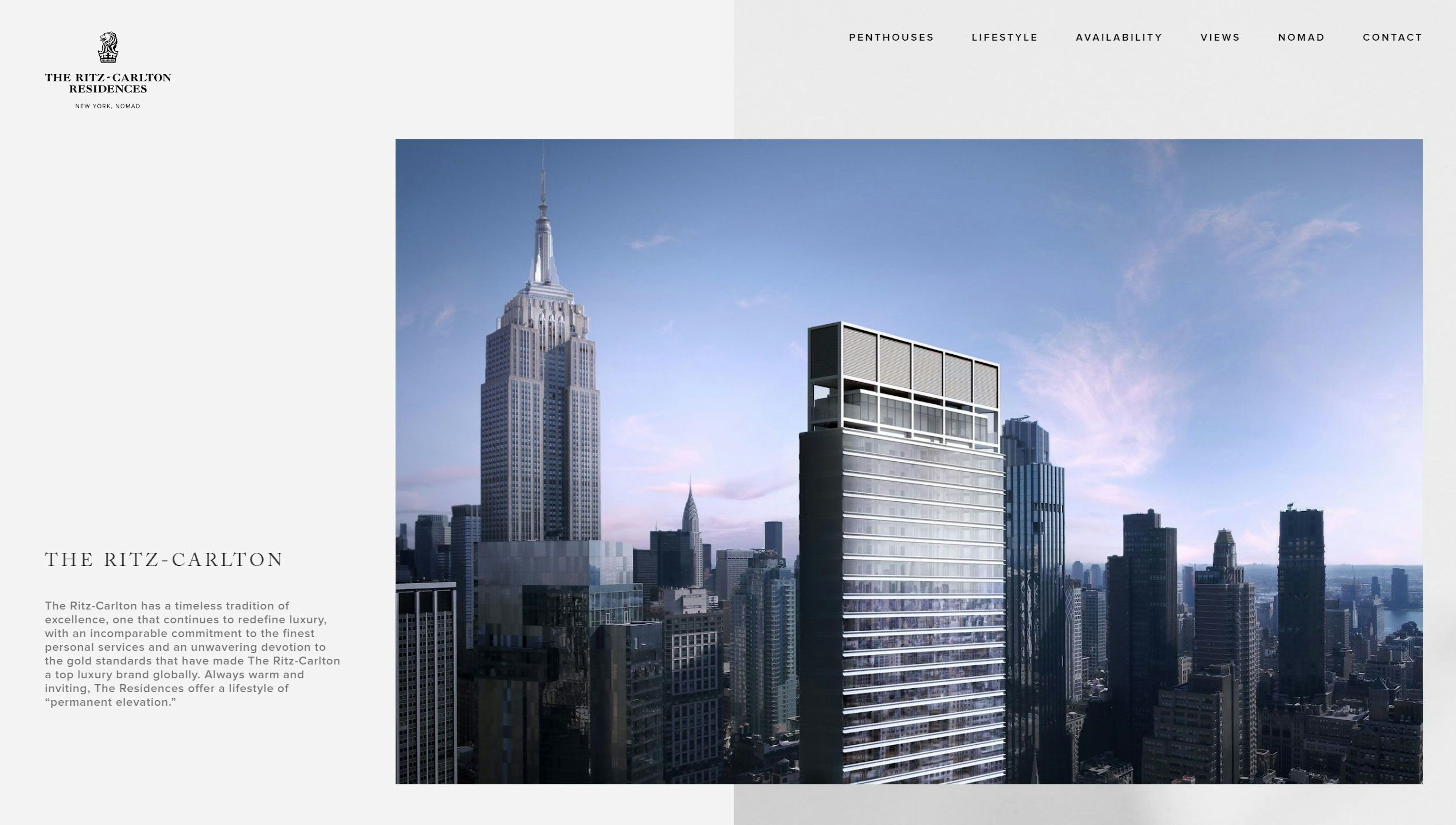 A screenshot of The Ritz Carlton NoMad homepage featuring descriptive text and a view of the building.