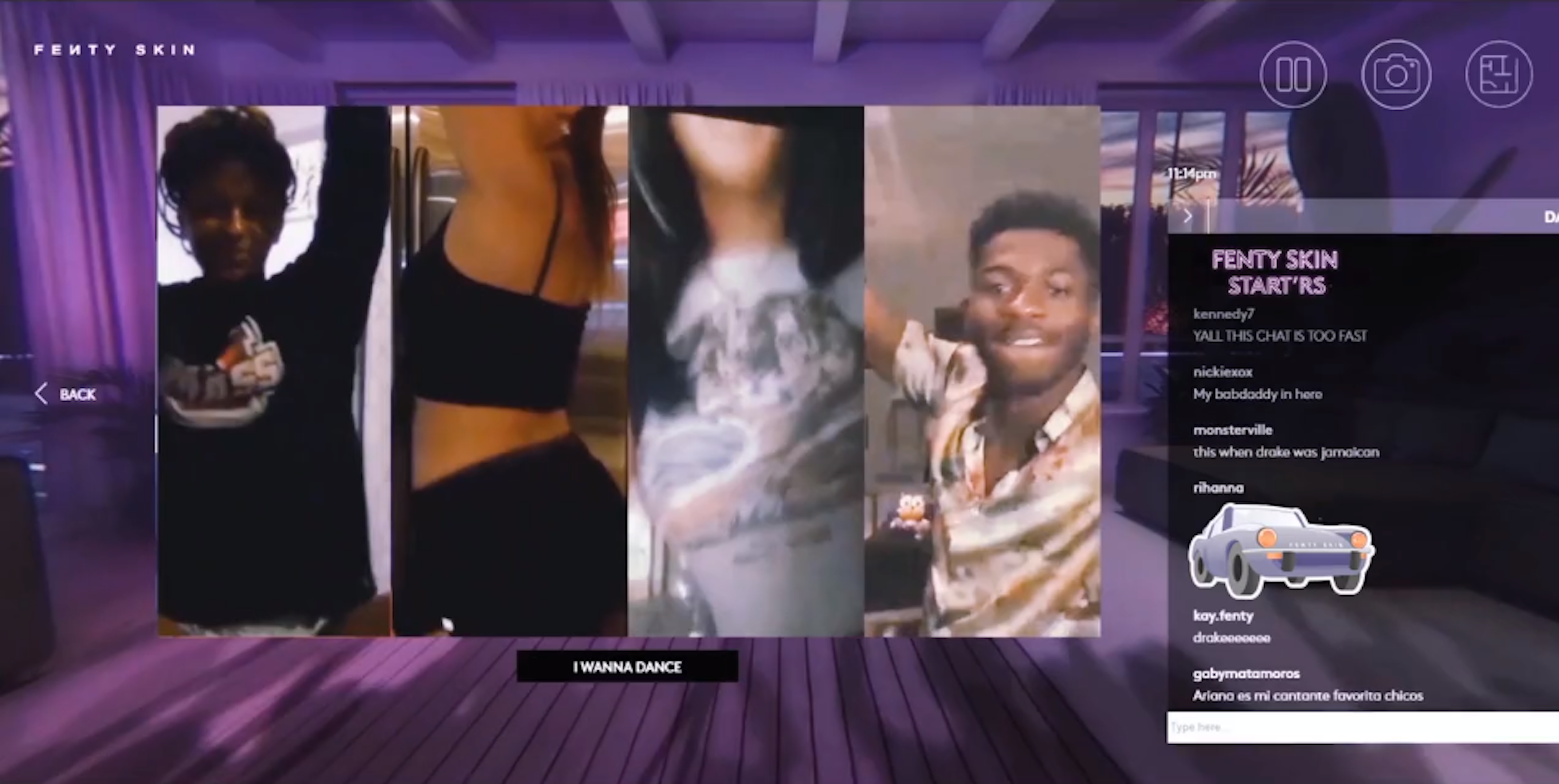 Four video windows show a livestream of partiers dancing their cheeks off at the virtual house party